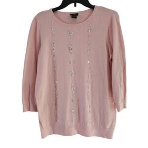 Ann Taylor Crystal Embellished Pink Sweater 3/4 Length Sleeve 53% Cotton Sz L